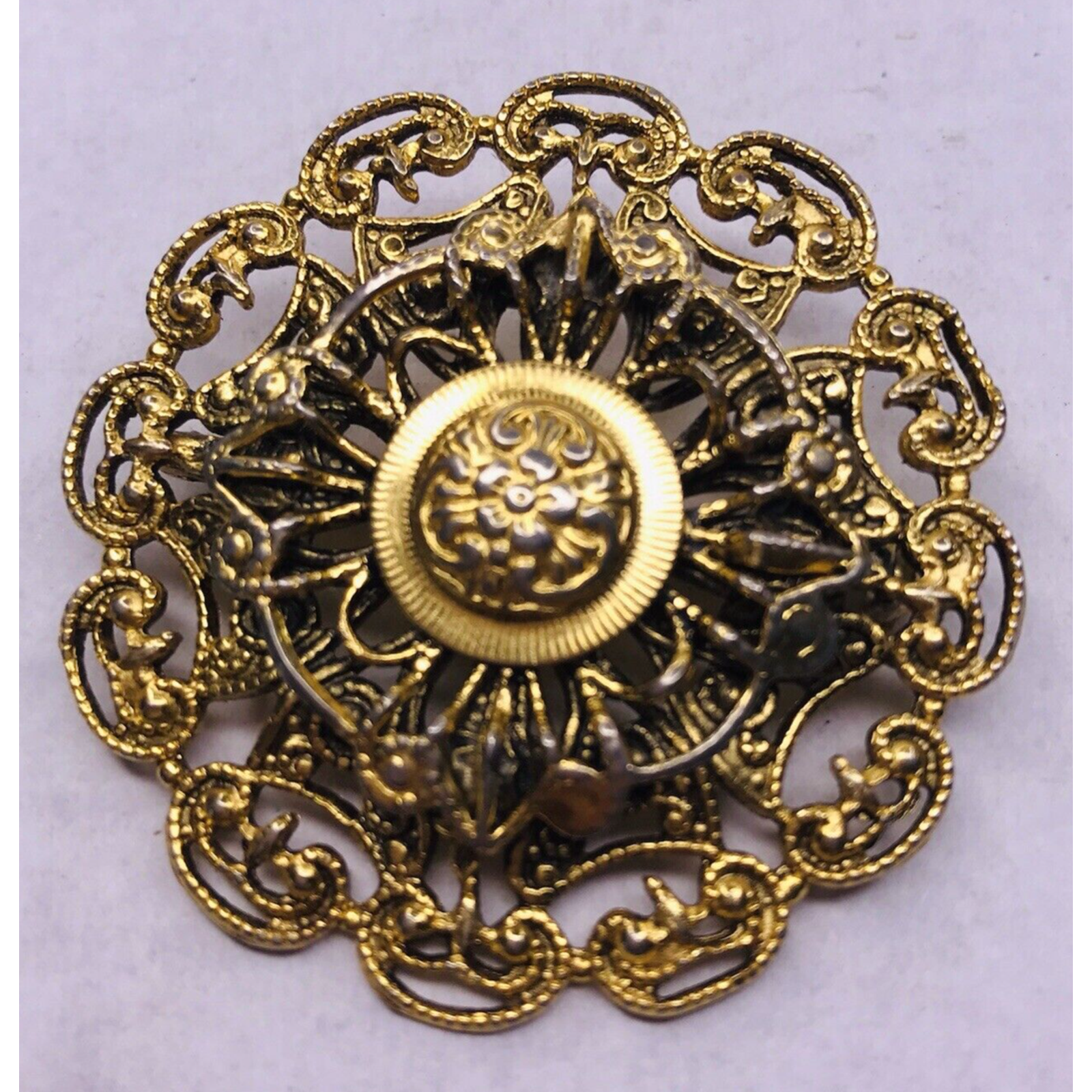 Vintage Gold Tone Freirich Brooch Pin Victorian Layered Round Jewelry Signed